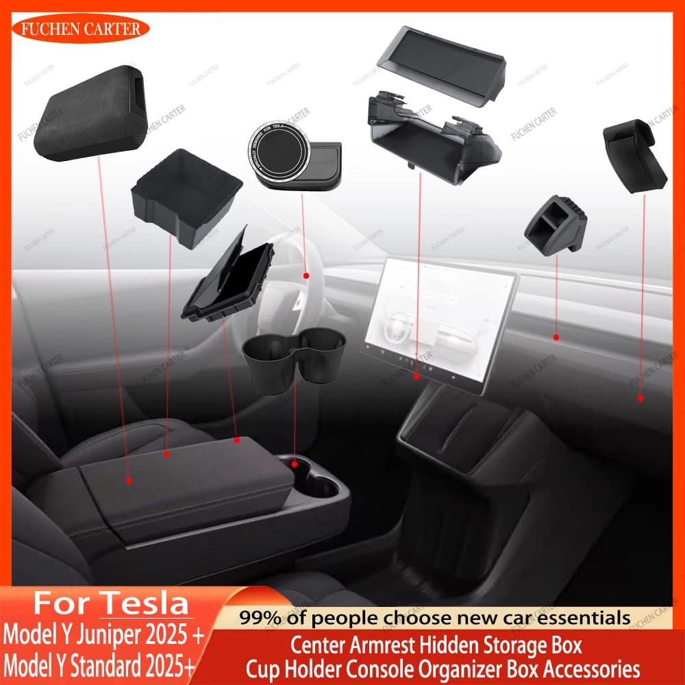 For Tesla Model Y Juniper 2025 & Standard 2025+ Console & Arm Hidden Storage Box Containers Console Box Organizer Accessories
