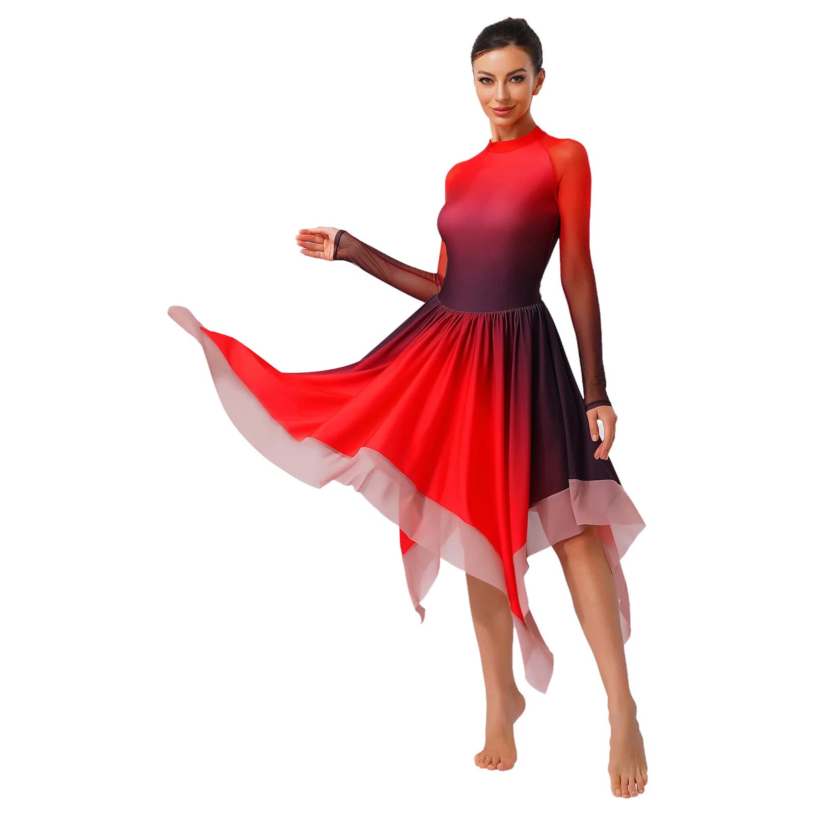 Abito da ballo lirico moderno da donna Pattinaggio di figura Balletto Ginnastica ritmica Performance Costume Body sfumato a maniche lunghe in rete