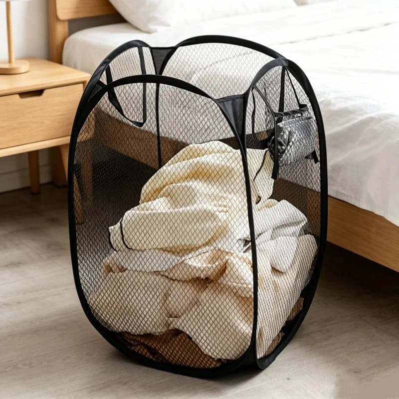Cesto per Bucato Portatile a Rete con Ampia Apertura, Traspirante, Pieghevole, Accessori per il Bagno, Contenitore per Vestiti
