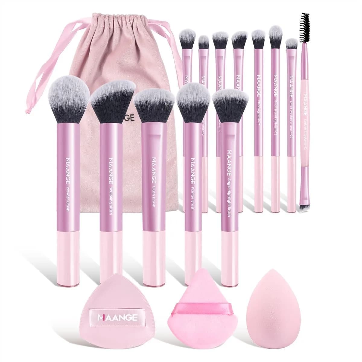 Set di 16 Pennelli da Trucco da Viaggio per Liquidi, Polveri, Contouring, Correttore, Creme, Cosmetici, Sfumature, Ombretti ed Eyeliner