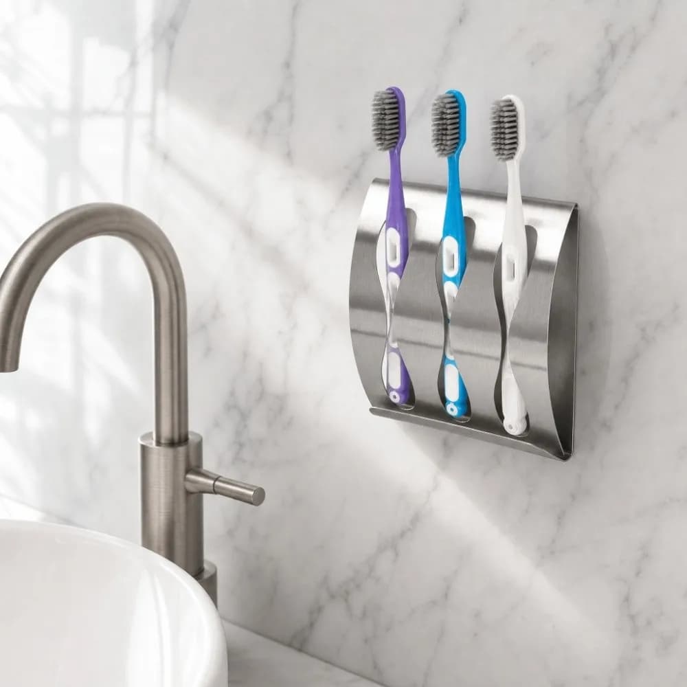 Stainless Steel Toothbrush Holder Punch-Free Silver Toothbrush Organizer Wall Mount Modern Design Razor stand Bathroom Washroom