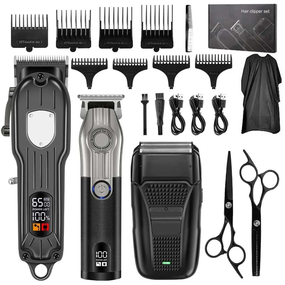 Professional Barber Hair Clipper Set for Men - Cordless Trimmer Shaver ，with LCD Display Guide Combs Rechargeable Haircut Kit
