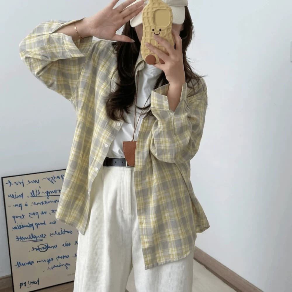 Camicia a Quadri da Donna alla Moda, Manica Lunga, Casual, Stile College, Traspirante, Fresca, per l'Autunno