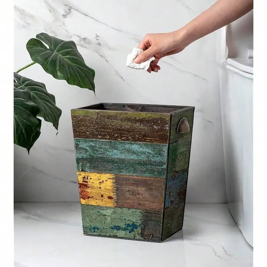 Rustic Reclaimed Wood Trash Can Rectangular Wastebasket With Metal Handle Eco Friendly