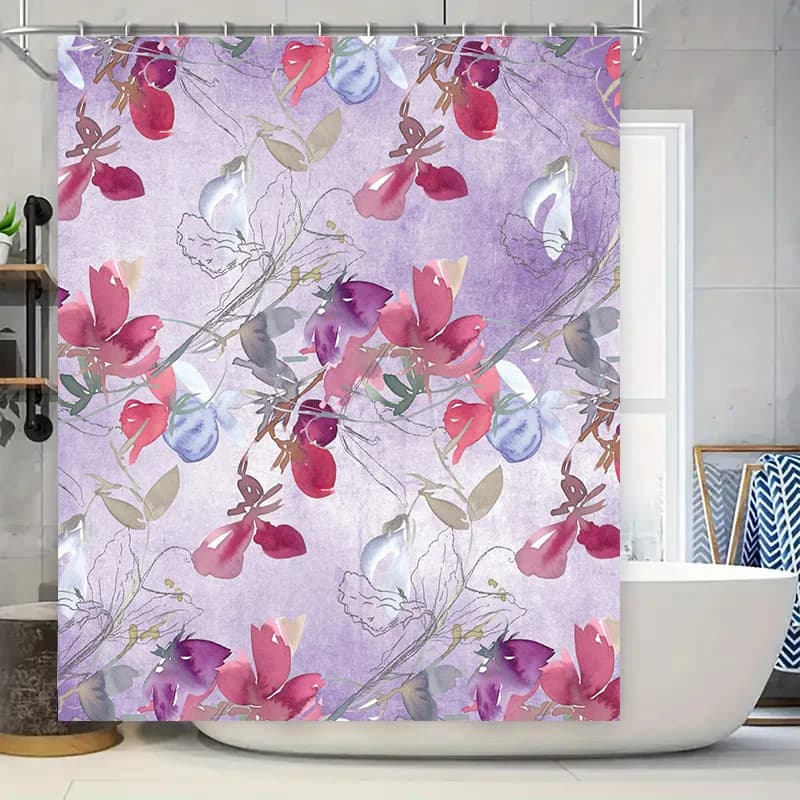 Tenda da doccia con stampa di lusso Fodera decorativa da bagno impermeabile Fiori viola Decorazione da bagno con motivo floreale rosa rosso bianco