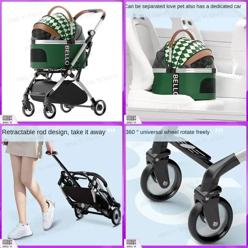 Foldable Pet Stroller for Dogs and Cats Aluminum Frame Lightweight Travel Trolley with Removable Bag Pet Carrier Stroller for