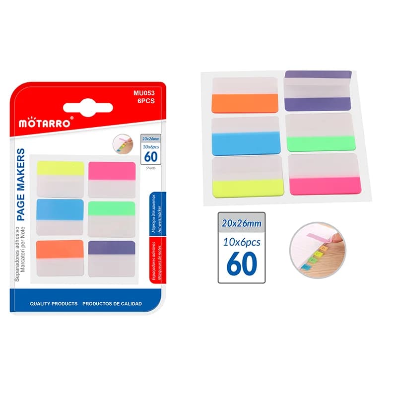 MOTARRO Index Tabs 6 colori, bandierine trasparenti in PET, 10 fogli di foglietti adesivi autoadesivi, etichette colorate per ufficio e scuola