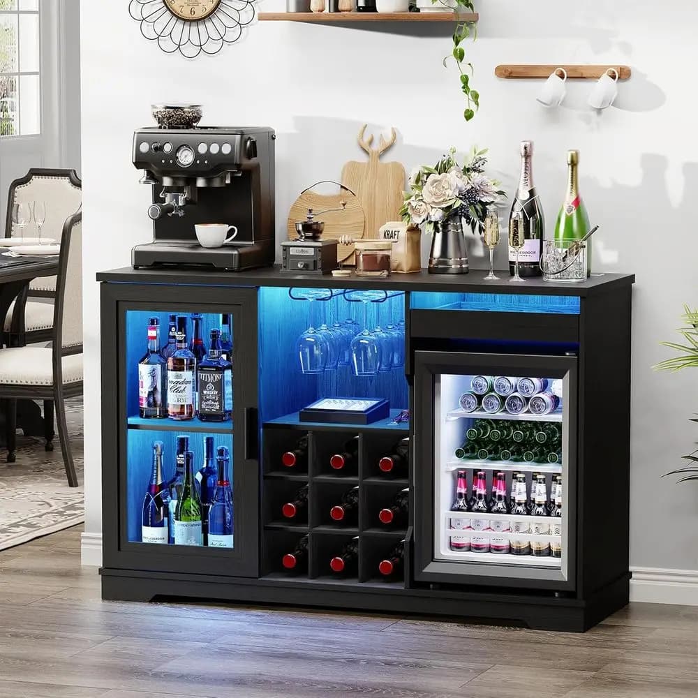 Mobiletto per Liquori Illuminato a LED con Portabicchieri, Portabottiglie e Sensore di Movimento