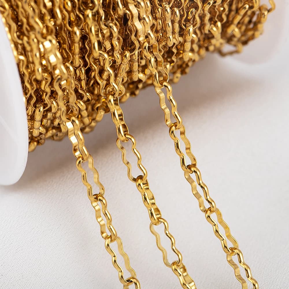 Catena a Forma di Arachidi con Design Ondulato in Acciaio Inossidabile Placcato Oro, 1 Metro, per Creazione di Collane e Bracciali Fai-da-Te