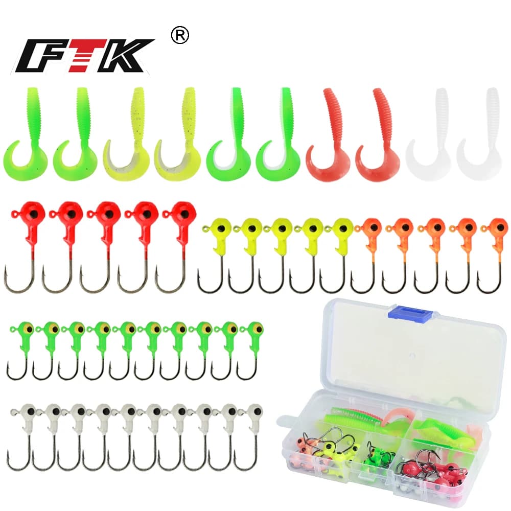FTK 45PCS Soft fishing bait kit Silicone bait set Artificial bait with Jig Head handle Hook Set of fishing gear with box