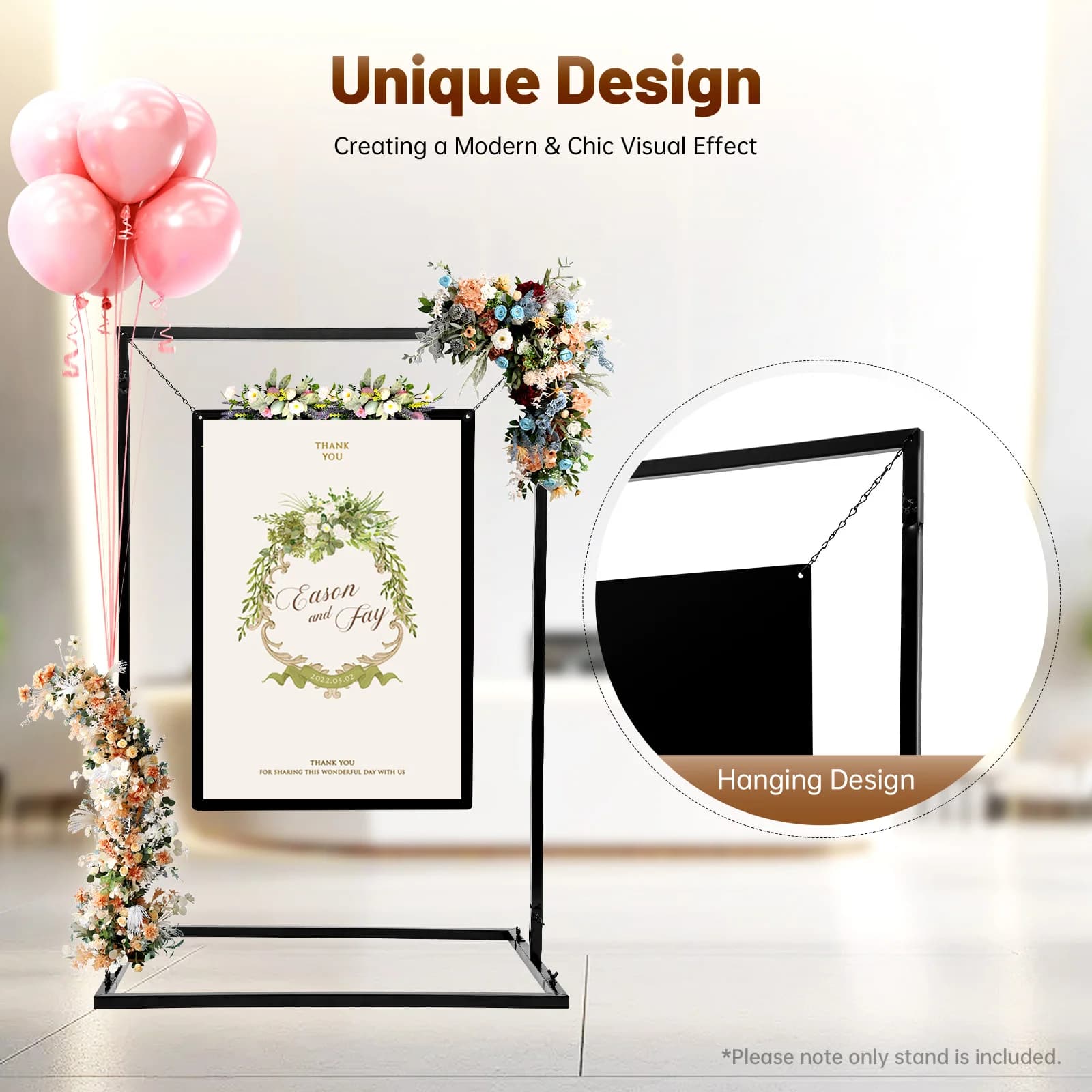 Supporto per Cartello Nuziale, Porta Cartello di Benvenuto in Metallo 75x50x110cm con Pannello 50x70cm, Cornice Decorativa Nera per Decorazioni Matrimoniali