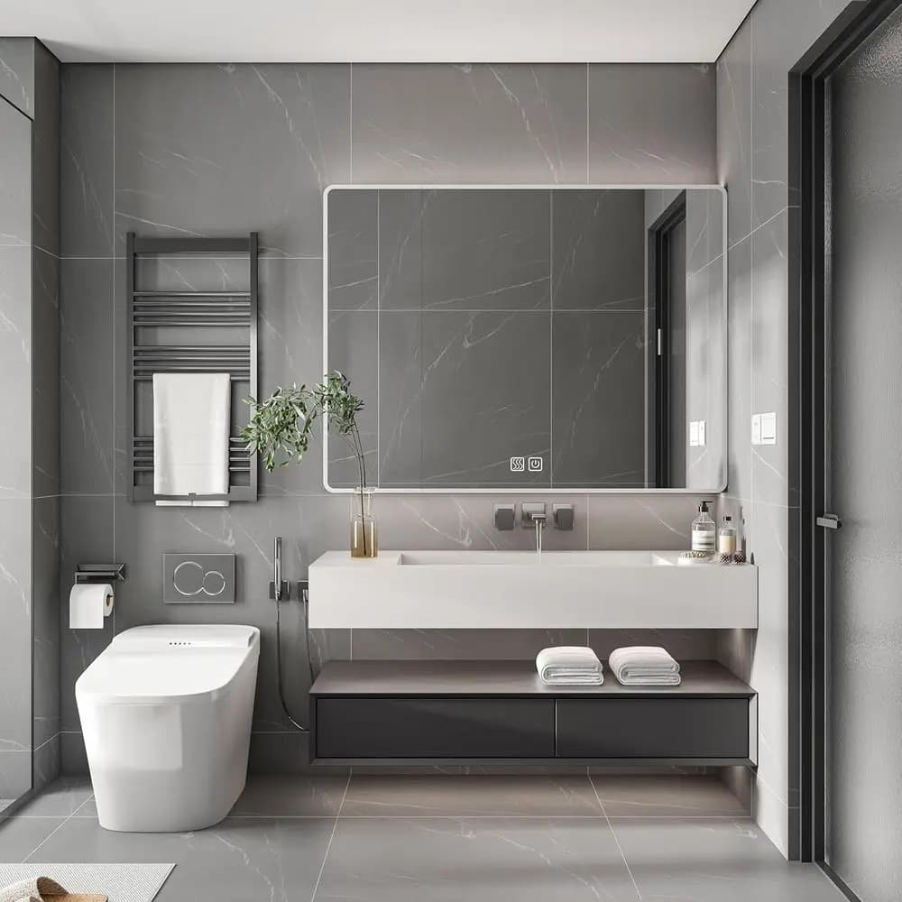 Armadietto a Specchio LED da Parete 35x28 Pollici con Vetro Temperato Grigio, Ripiani Portaoggetti e Supporto per Asciugacapelli