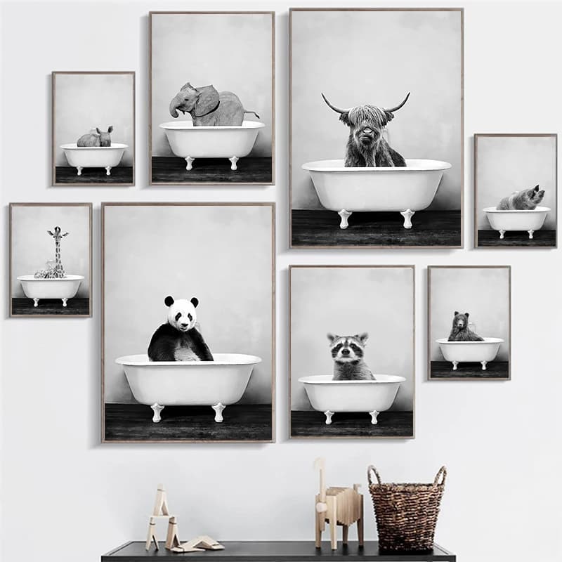 Poster nordico stampa per soggiorno, arte della parete, pittura su tela, immagine, animale da bagno, rinoceronte, procione, giraffa, elefante