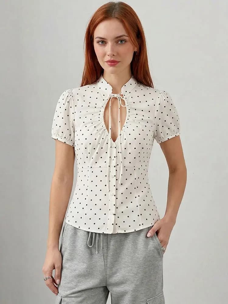 HH Women Fashion Vintage Slim Top V Neck Puff Sleeve Shirt Casual Elegant Spring Summer Polka Dot Blouse Vacation Women Tops