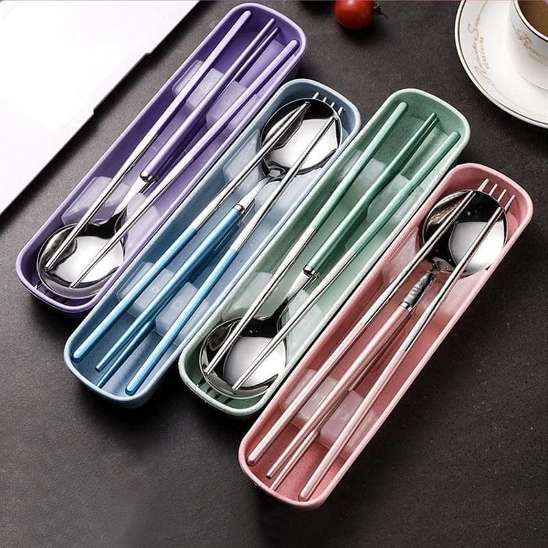 Set da pranzo portatile in tre pezzi con bacchette e cucchiaio per impiegati e studenti, set di contenitori per il pranzo in acciaio inossidabile