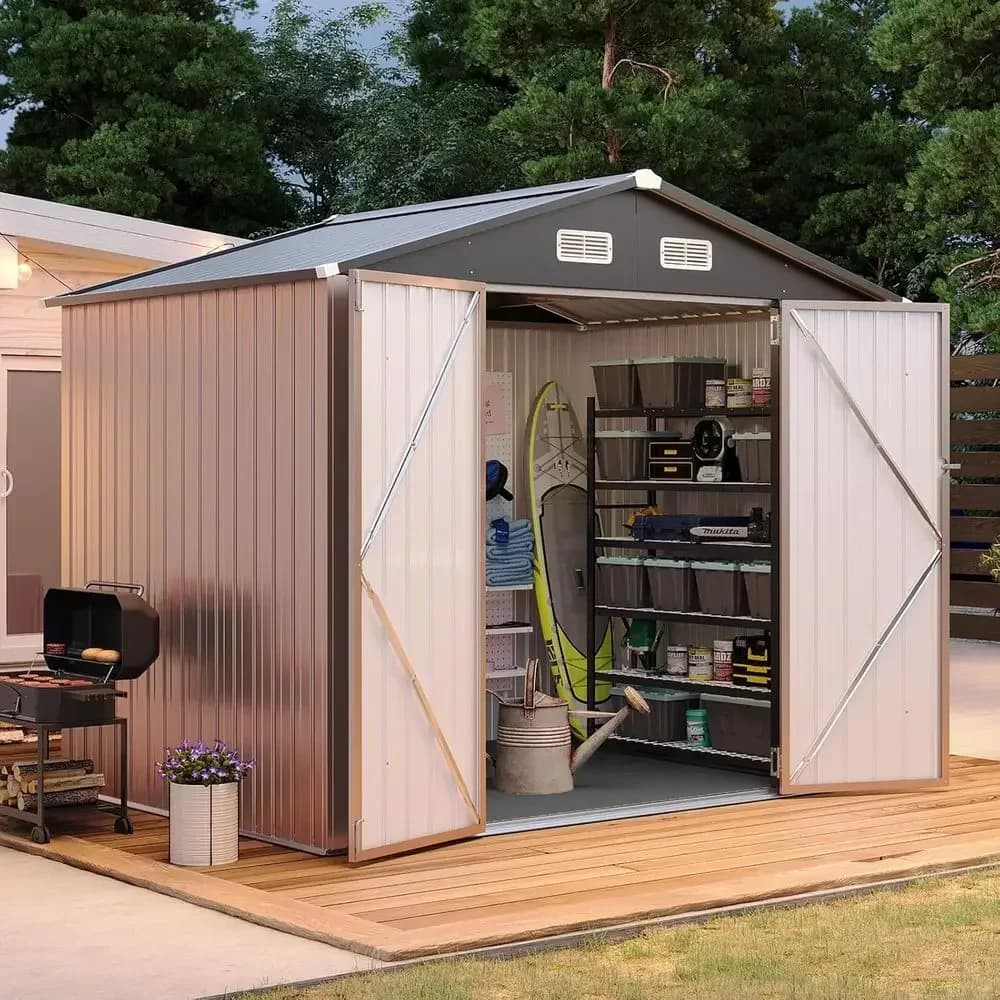 6x8ft Galvanized Steel Outdoor Storage Shed with Double Doors, Moisture-Proof Floor, Ventilation, and Sloped Roof for Bike/Gener