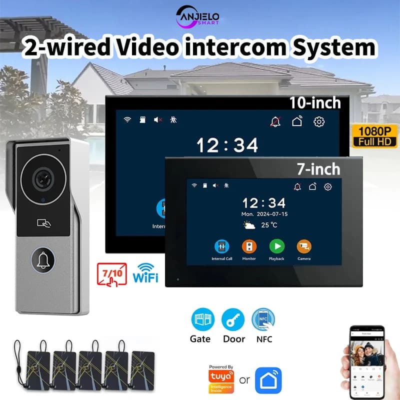 ANJIELO 1080P Supporto per telefono Telecamera IP Videocitofono a 2 fili Videocitofono Campanello Sistema di videocitofono per porta metallica domestica Tuya Smart