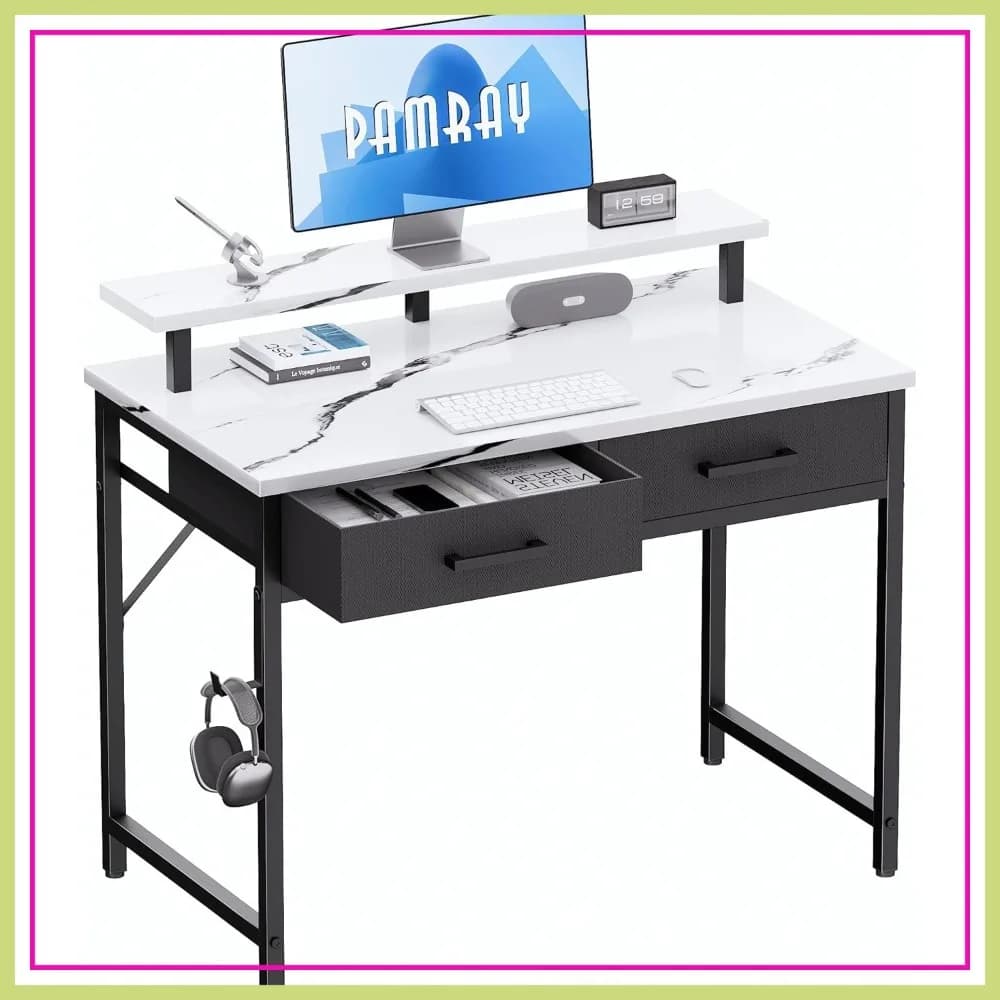 Piccola scrivania per computer da 32 pollici con supporto per monitor, 2 cassetti, tavolo da scrittura per ufficio domestico per piccoli spazi, marmo