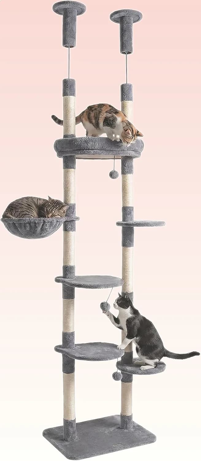 PETSITE Adjustable Floor to Ceiling Cat Tree 93-105.5 Inch with Sisal Posts, Rotatable Bed, Plush Perch