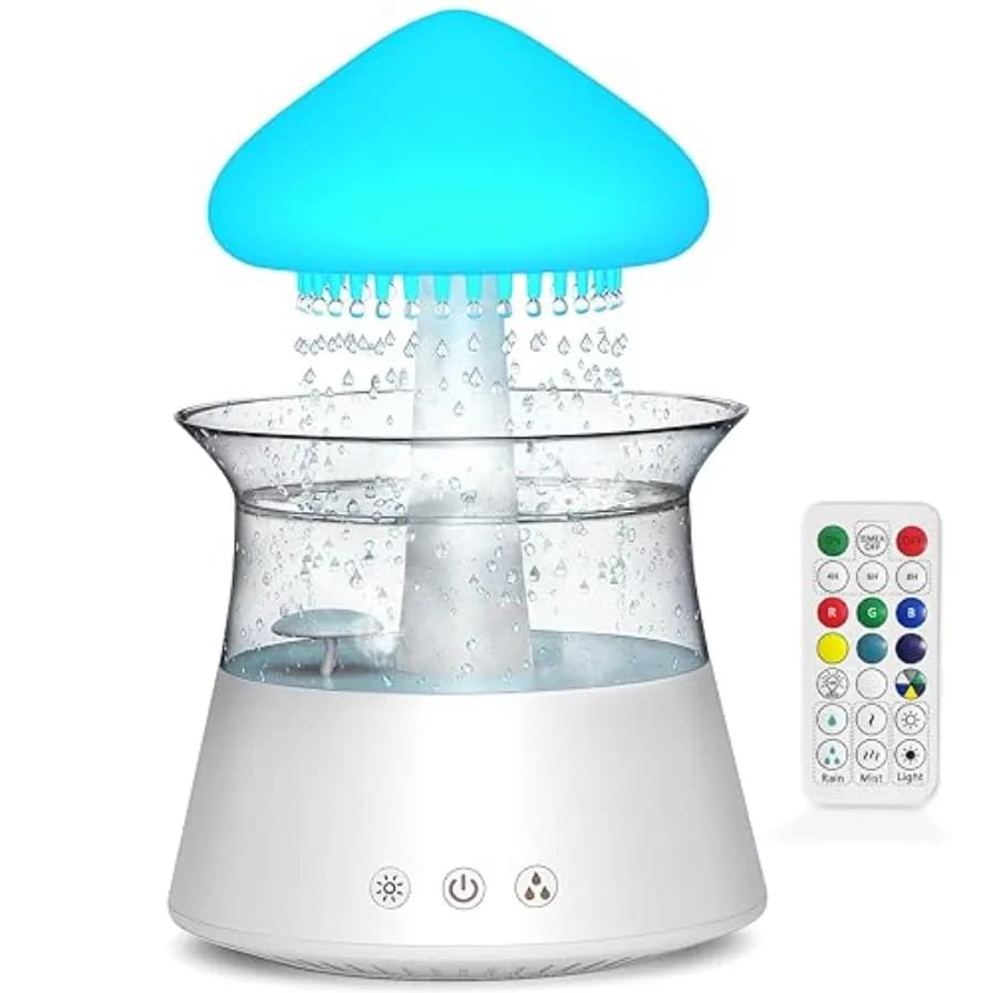 Umidificatore a Nuvola con Effetto Pioggia e Diffusore, Umidificatore a Cascata con Telecomando, Lampada a Fungo, Suoni della Pioggia e Rumore Bianco
