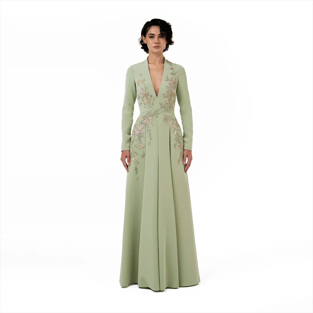 Sage Green Evening Dress Customized Deep V-Neck Long Sleeves Evening Gowns for Women 2026 Pleated A Line Formal Dress Long