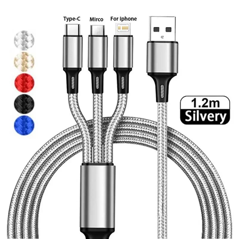 Cavo di ricarica rapido per caricabatterie USB 3 in 1 Tipo C Micro LIGHTNING Cavo multi caricabatterie per iPhone Huawei Samsung Cavo intrecciato in nylon