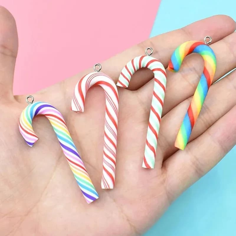 10Pcs Lovely Large Polymer Clay Christmas Candy Cane Charms Pendants DIY Jewelry Craft Accessories for Earrings Keychains