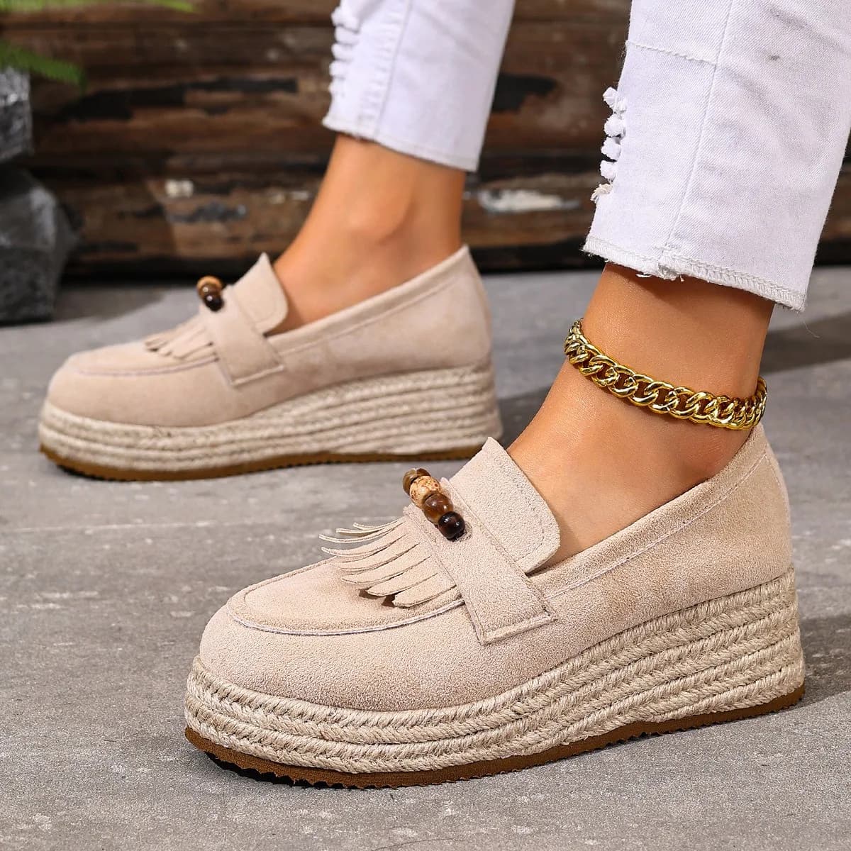 Scarpe casual slip-on da donna Primavera Autunno Moda Mocassini con nappe con perline Espadrillas con suola spessa in paglia Piattaforma piatta Tacchi a zeppa