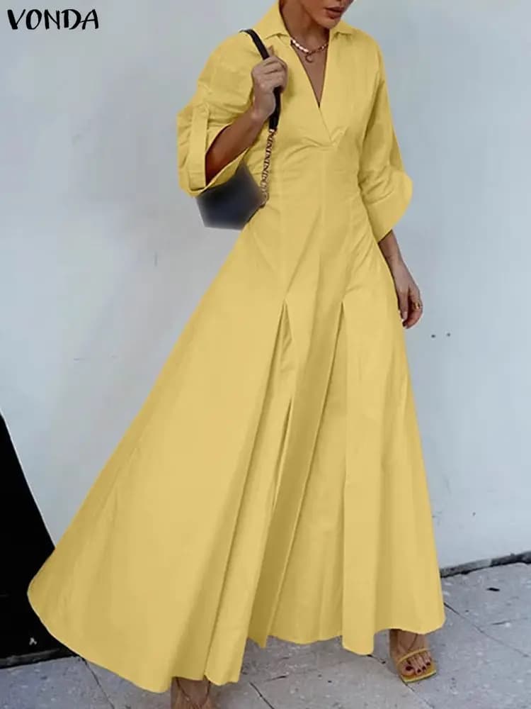 Plus Size 5XL VONDA Abito da donna a maniche lunghe 2025 Autunno con scollo a V Tinta unita Maxi abiti Casual Allentato increspato Abiti da lavoro per feste