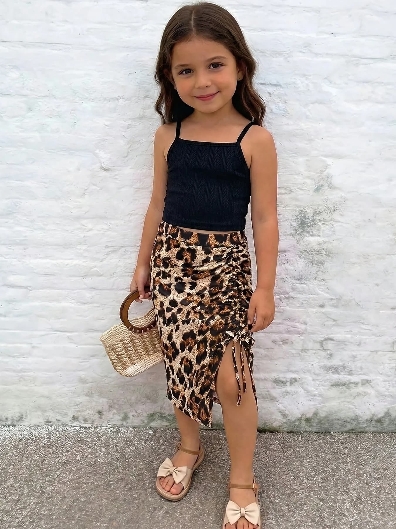 Trendy Girls 2Pcs Street Co-ord Set, Black Knit Spaghetti Strap Vest, Allover Leopard Print Pencil Skirt for Beach Vacation Kids