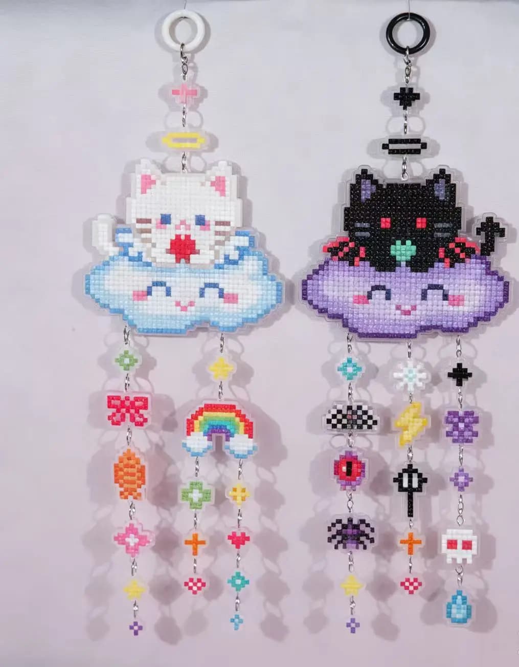 FOREVERYOUNG 5D Diamond Painting Hanging Ornament Set, Cute Cat & Gothic Black Cat Acrylic Wind Chime Kit, DIY Diamond Art