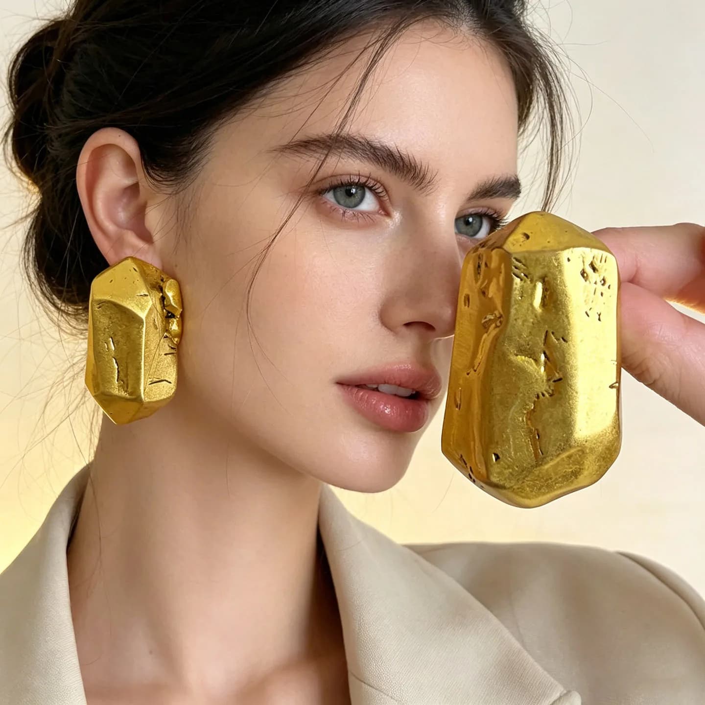 Poplar woods retro old irregular texture geometric gold block stud earrings women's exaggerated heavy industry angular square ea