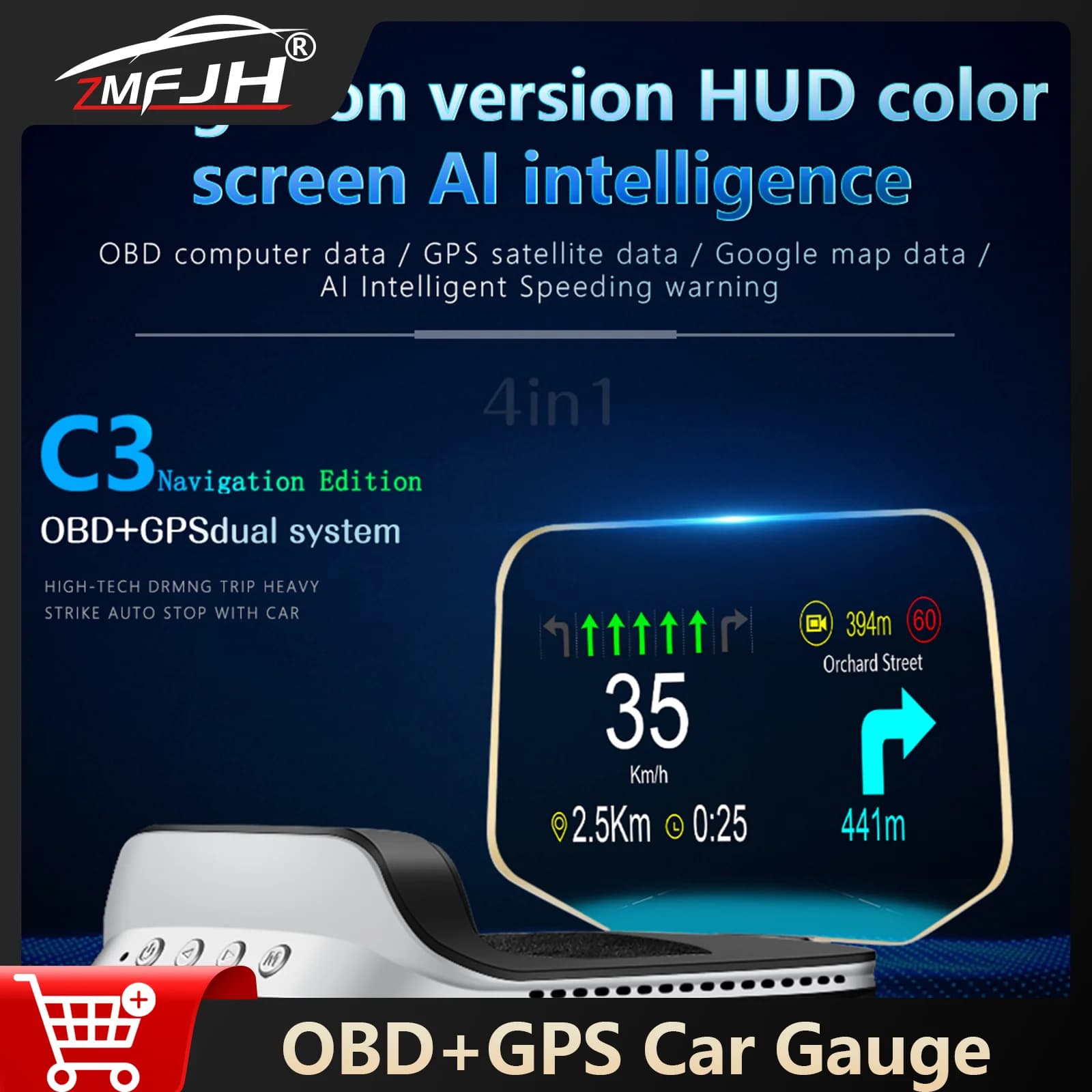 C3 Car HUD Head Up Display OBD Tachimetro per auto GPS Proiettore intelligente Tensione Temperatura acqua Contagiri Allarme di sicurezza del computer di bordo