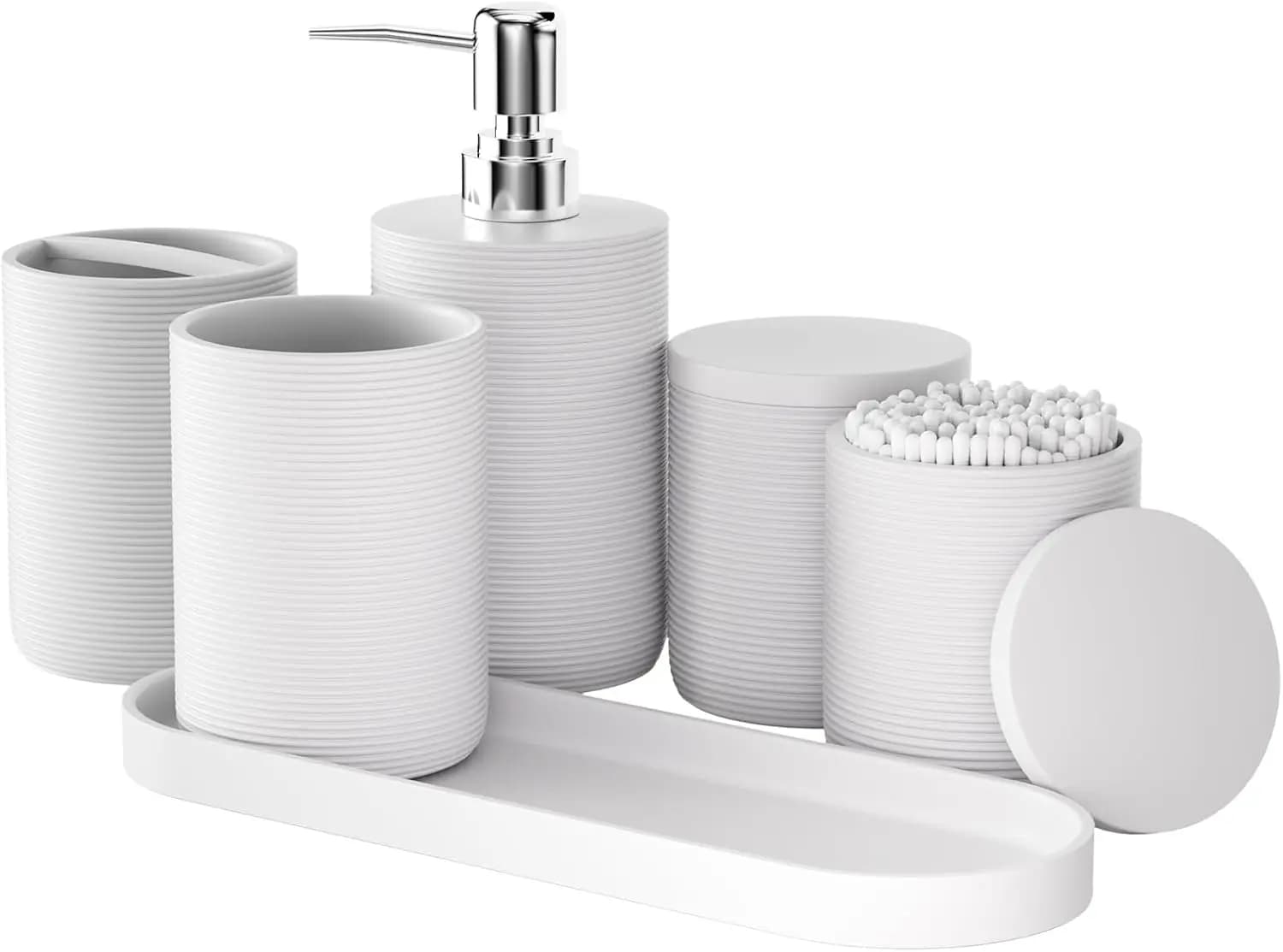 Set da Bagno in Resina Bianca da 6 Pezzi con Portaspazzolini, Dispenser Sapone, Vassoio e Altro - Organizzatore da Appoggio