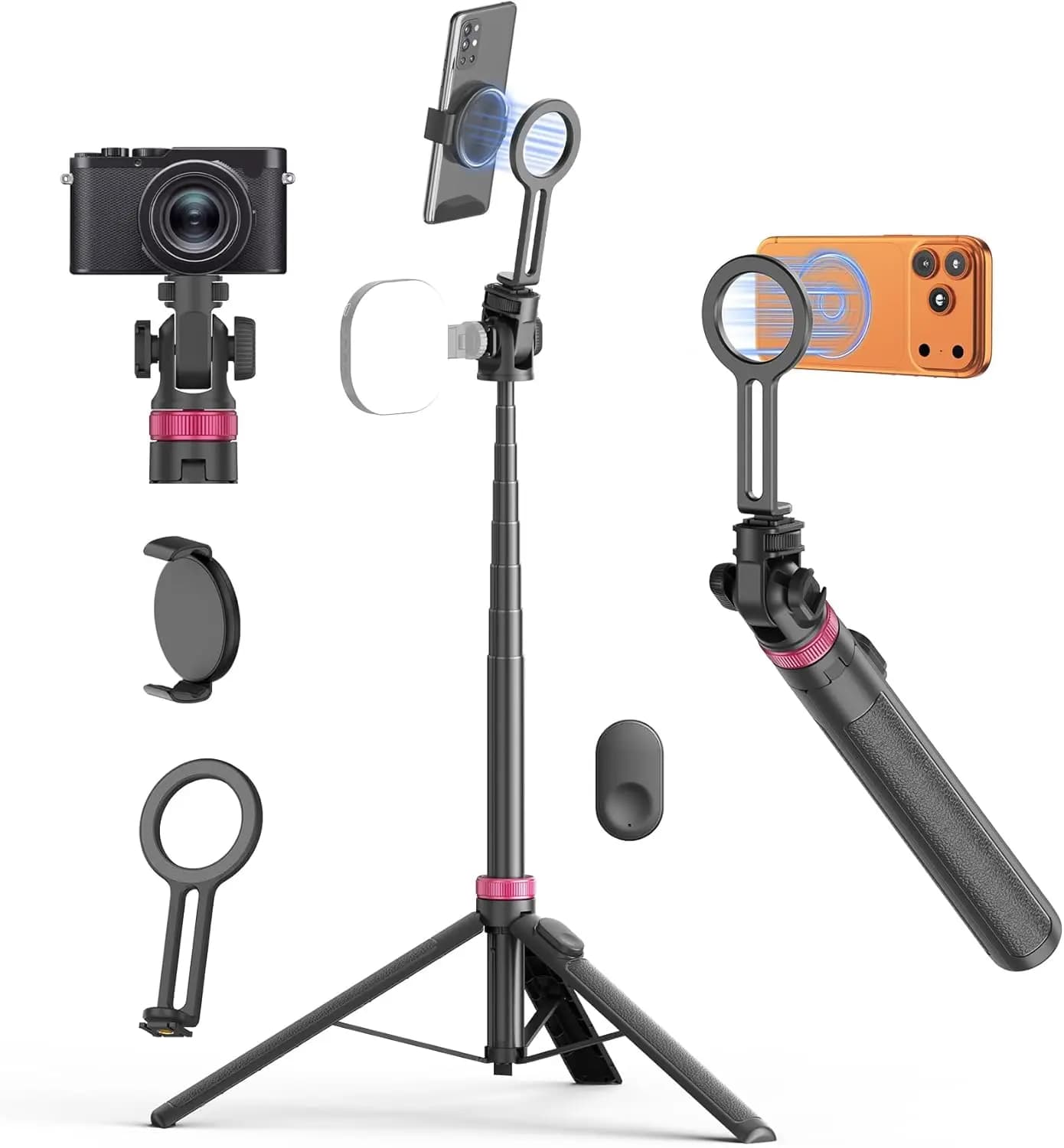 Treppiede Magnetico 3-in-1 da 69 Pollici e Asta Selfie per Tutti i Telefoni, con Telecomando e Adattatore, Portatile per Viaggi e Vlogging
