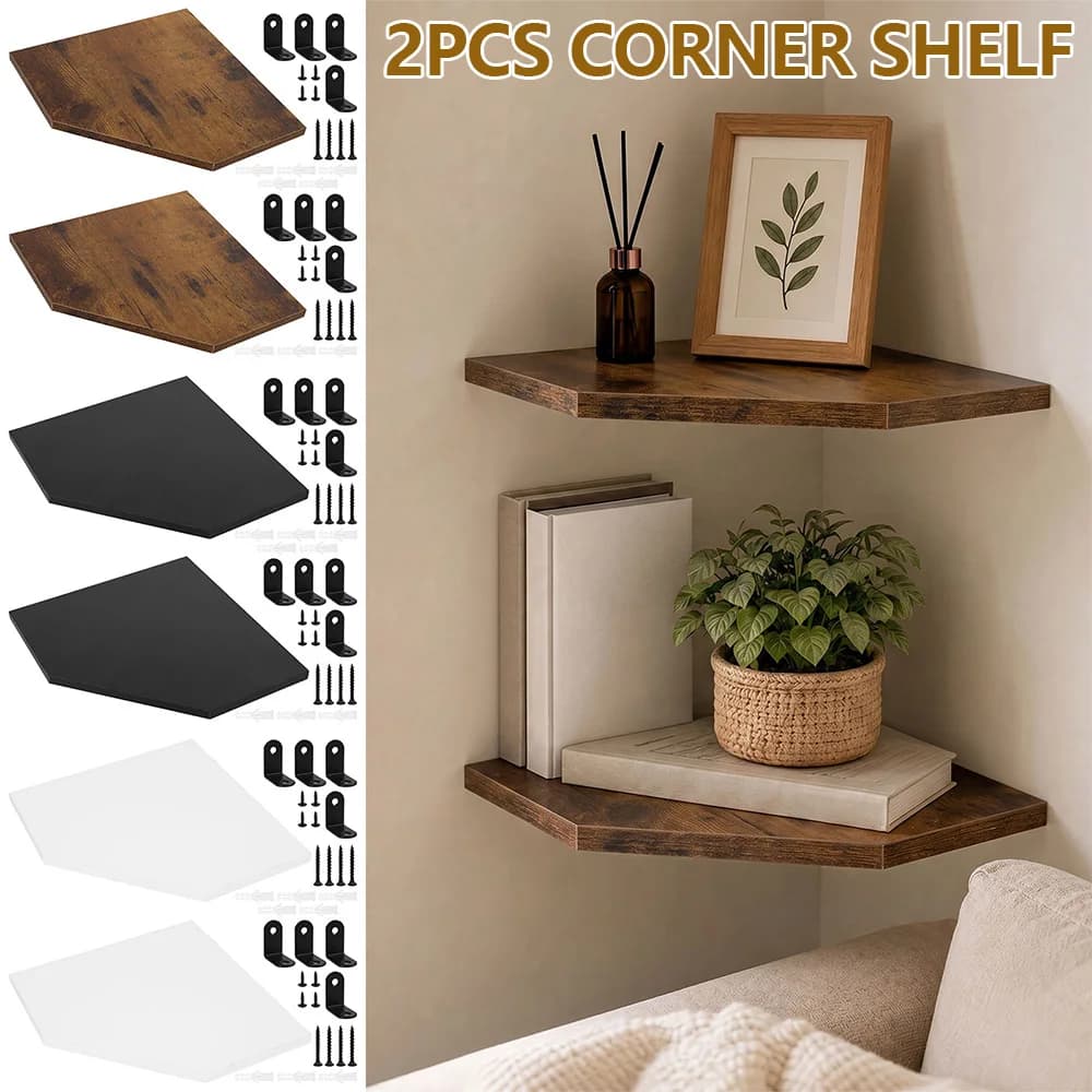 2Pcs Floating Corner Shelf Wooden Wall Corner Shelves Multi Room Universal Storage Rack for Kitchen Living Room Bedroom Bathroom