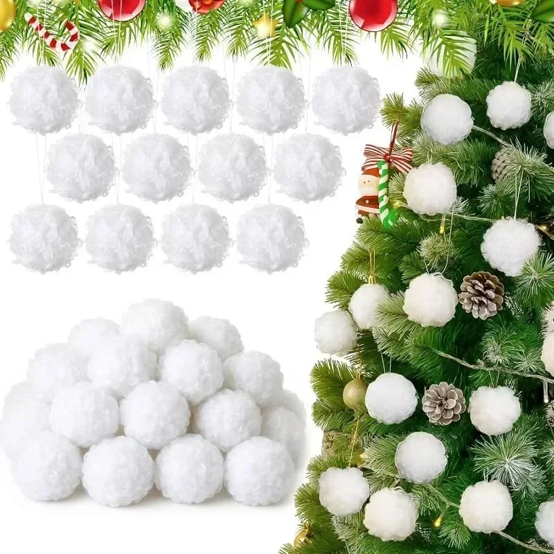 24Pcs White Furry Christmas Ornaments for Tree Hanging Christmas Snowballs Ornaments for Xmas Tree New Year DIY for Hats Scarves