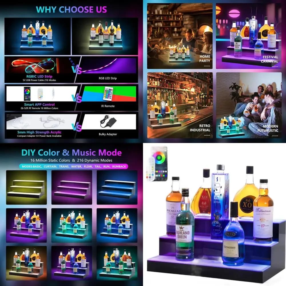 Espositore per Bottiglie di Liquori a 3 Livelli con Illuminazione LED, USB, Telecomando e Controllo App per Bar Domestici e Feste