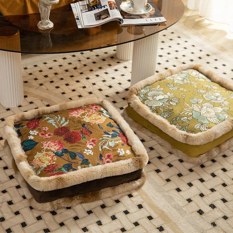 Square Chair Cushions Farmhouse Country Floral Print for Office Chairs Soft Thick Seat Cushion Faux Fur Trimmed Chair Pads