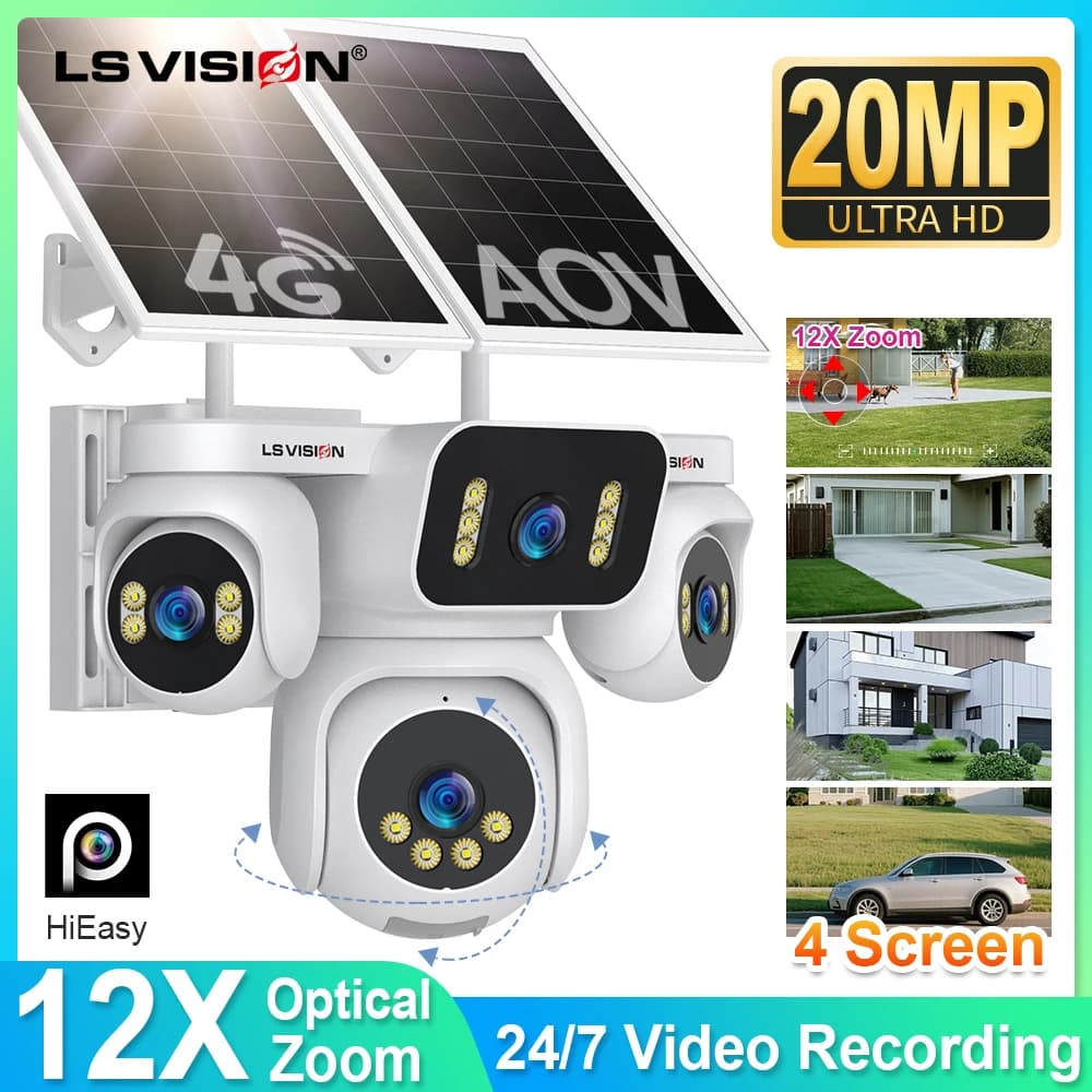 LS VISION 4 AOV Screens Solar Surveillance Cameras 4G 24/7 External Registration Zoom Optical 12X Automatic Tracking Solar Panel 20W IP66