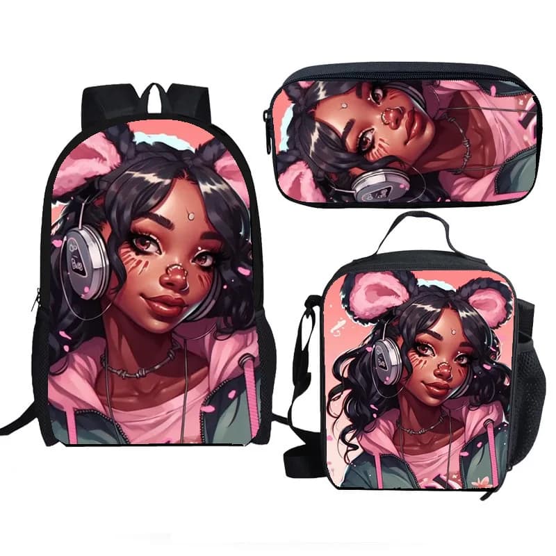 Trendy Popular Novelty African girl 3D Printed 3pcs/Set Student School Bags Laptop Daypack Backpack Lunch bag Pencil Case
