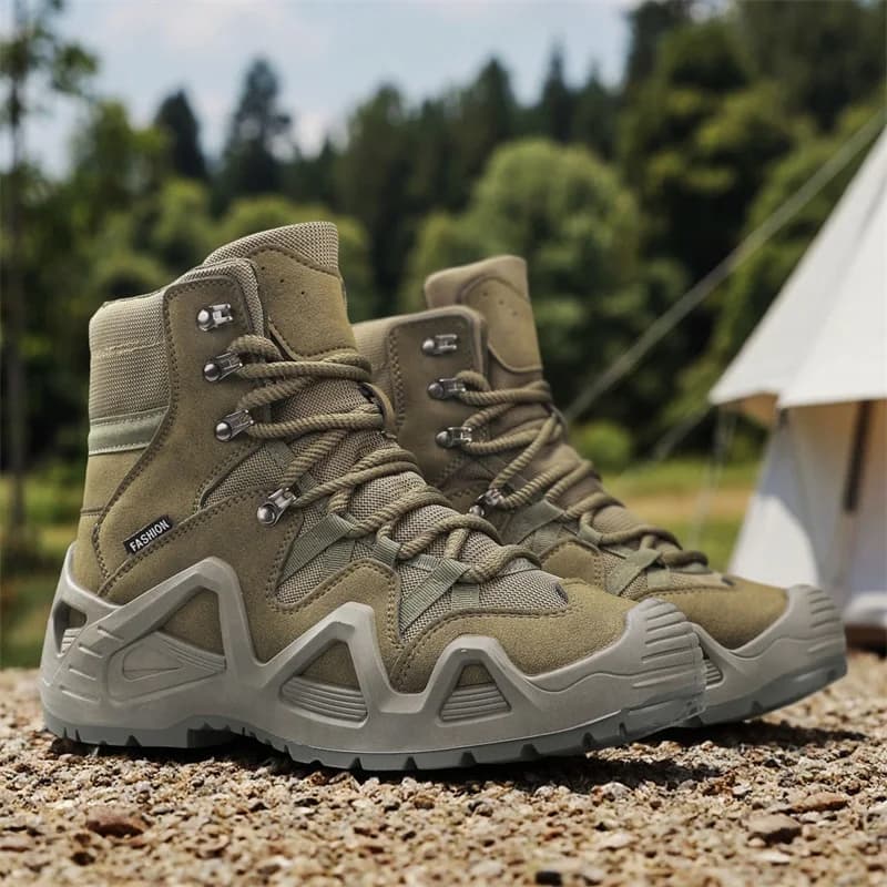 Scarpe da trekking in pelle scamosciata per esterni Scarpe da trekking da montagna da allenamento antiscivolo da uomo Stivali tattici da combattimento verdi Taglie forti 46