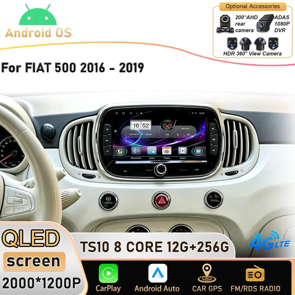 Android 15 Auto 7 inches For FIAT 500 2016 2017 2018 2019 Radio Stereo Wireless Carplay Android Auto Touch screen GPS WIFI Dash Cam