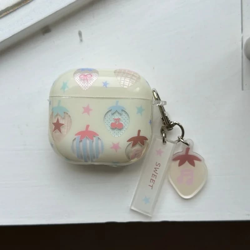 Cute Sweet Strawberry Earphone Case with Charm For Airpods 1, 2, 3, 4, Pro, Pro2, Pro3, Cream Yellow Shockproof Protective Cover