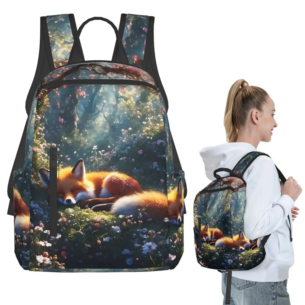 Zaino con stampa di volpe addormentata tra i fiori, borsa per libri per studenti, borsa per la scuola per bambini, borse a tracolla per computer, per ragazzi e ragazze