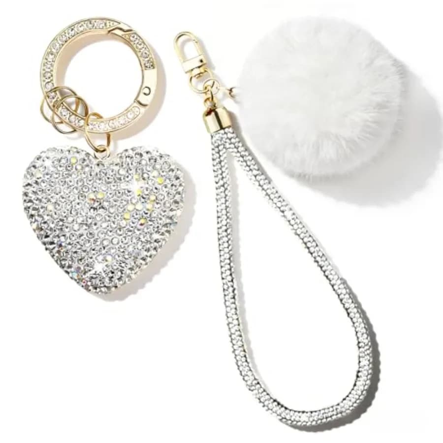 Portachiavi a Cuore Carini per Donne e Ragazze, Ciondoli Bling per Borse con Laccetto da Polso, Charm per Borsette, Portachiavi con Pompon