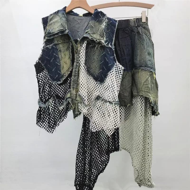 Chic Summer Contrast Color Mesh Splicing Gilet di jeans Irregolare Jeans Gilet Cardigan da cowboy + Pantaloni con gonna a rete da pesca Set da 2 pezzi