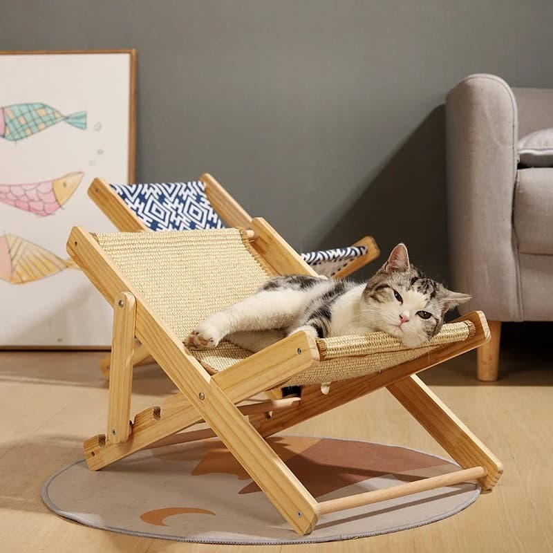 Cuccia per Gatti Regolabile in Legno Massello Tutto-in-Uno con Tiragraffi in Sisal e Sdraio, Sedia Lettiera Durevole per Gatti per Tutte le Stagioni - Senza Sabbia