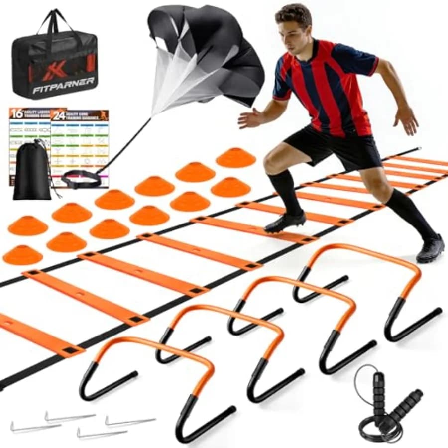 Set di Attrezzature per Allenamento Calcio e Agility - Scala per Velocità da 6 Metri, 4 Ostacoli, Paracadute, 12 Coni e Corda per Saltare