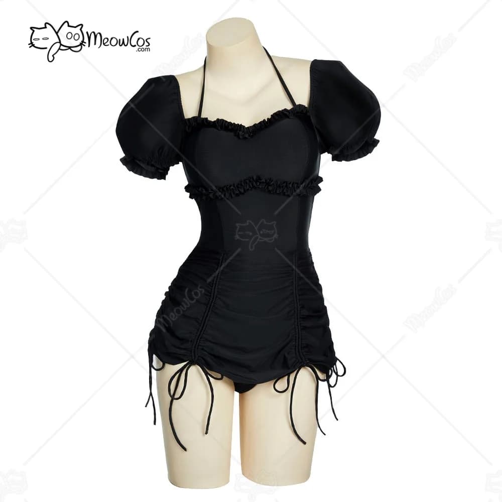 MEOWCOS Costume da bagno intero da donna in stile gotico nero vintage con coulisse e maniche a palloncino